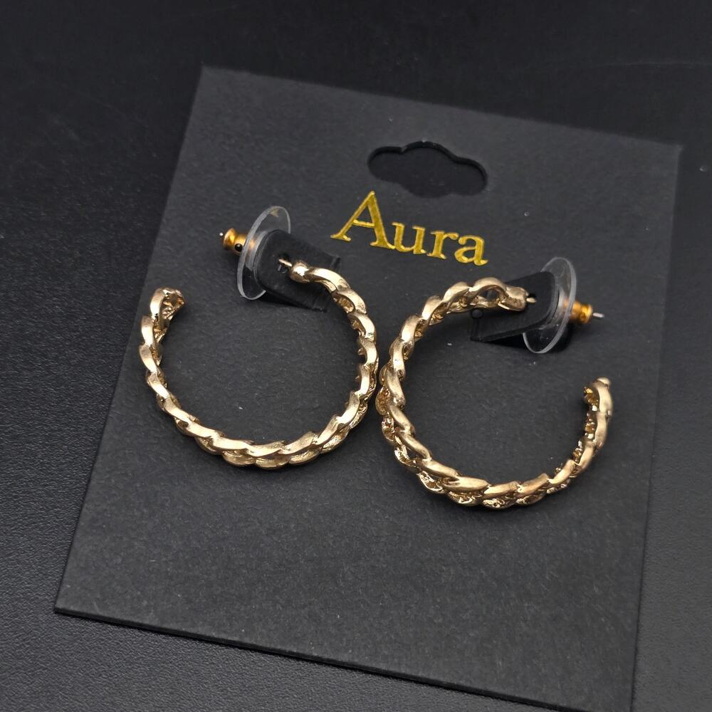Gold Tone Cuban Link Chain Hoop Earrings NWT On Card